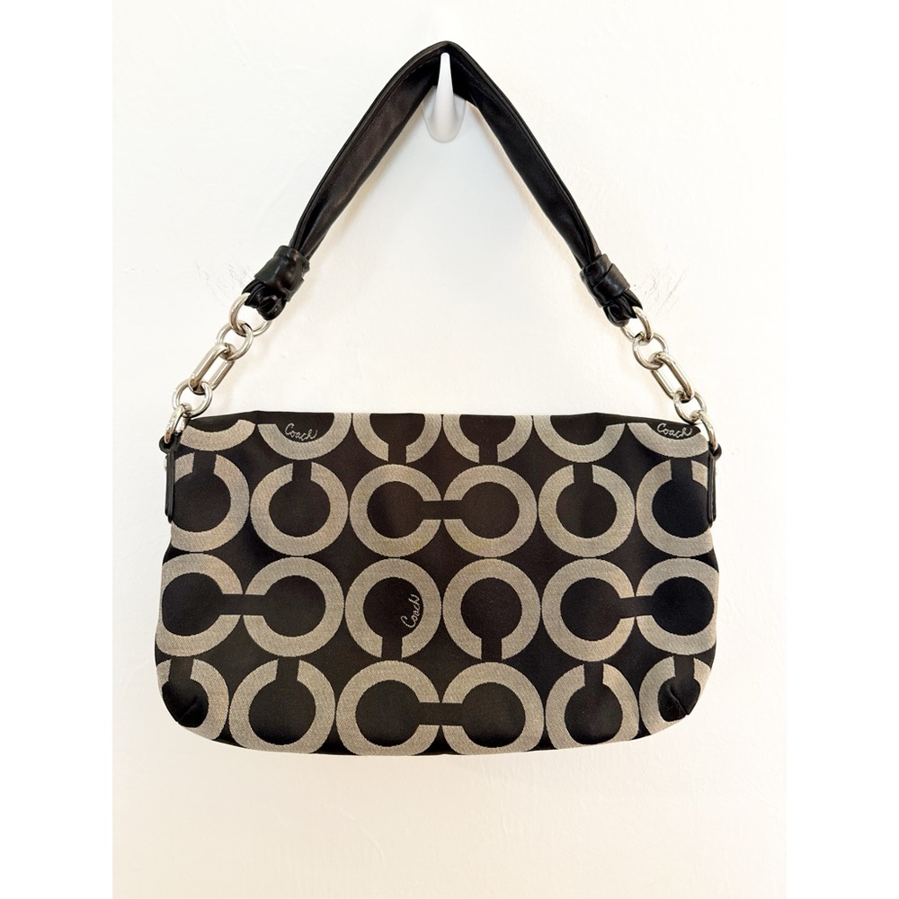 Coach Black/Gray Kristin Op Art Signature Flap Sateen Leather Shoulder Bag - Picture 2 of 14